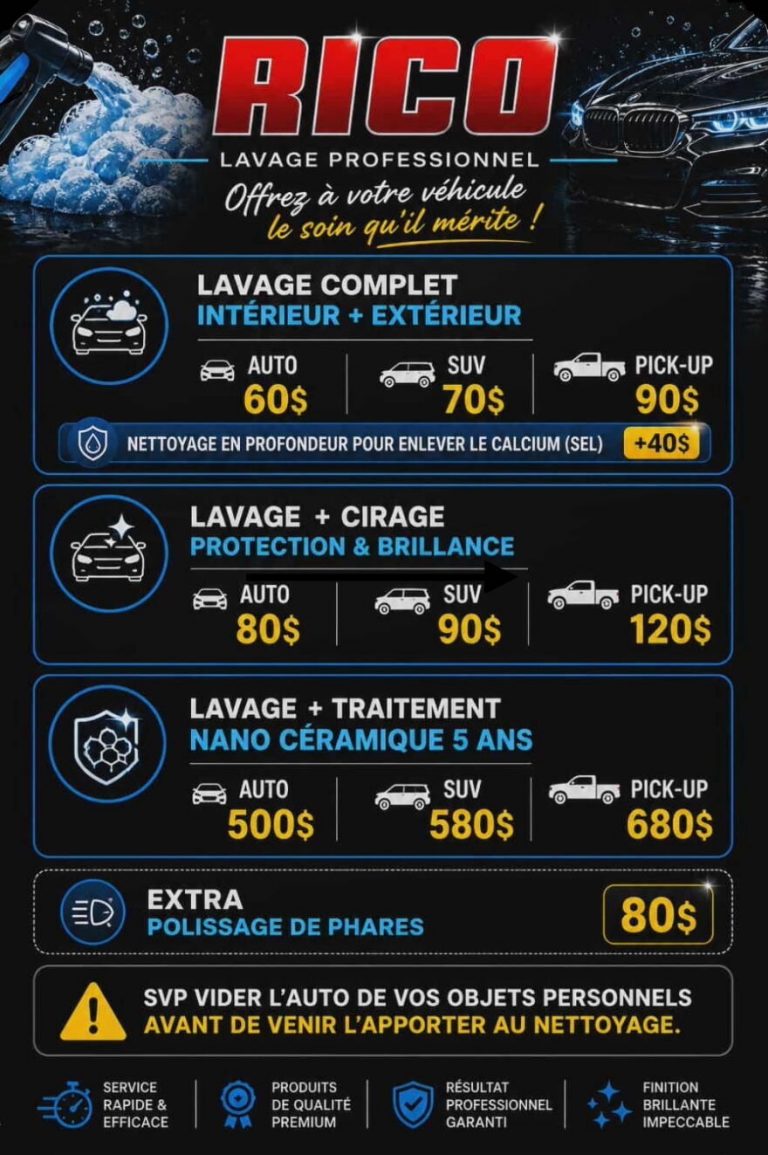 Prix et services Rico Lave Auto Professionnel